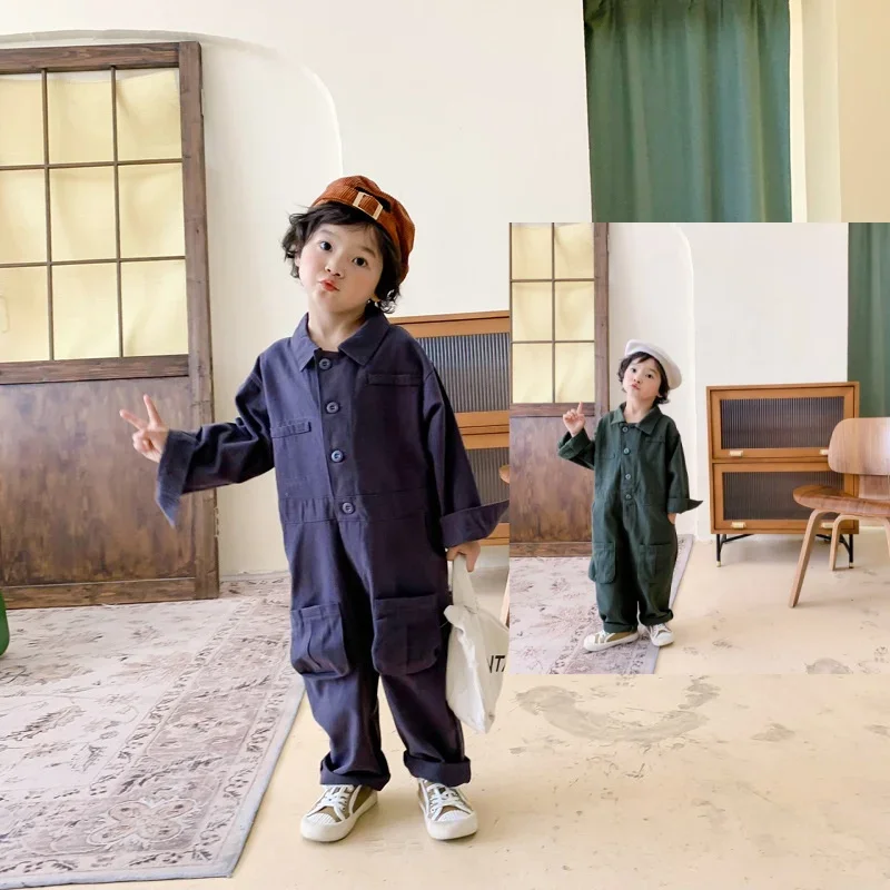 

Children's Cotton Jumpsuit 1-6 Y Kids Girls Boys 3D Pockets Turn-Down Collar Casual Workwear Style Spring Autumn Infant Toddler
