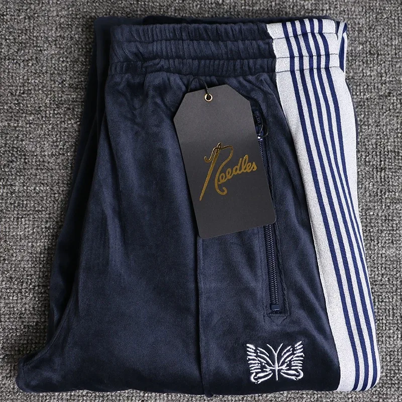 

2025 Black Striped AWGE Butterfly Embroidery Velvet Pants Best Quality Sweatpants For Men Women Blue Casual Trousers