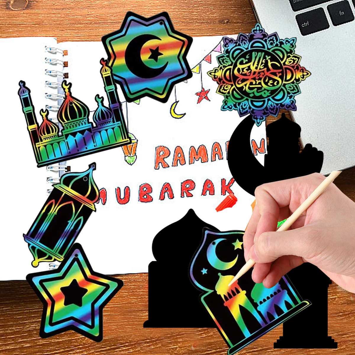 Kit de arte para rascar Ramadán, papel para rascar arcoíris con palos de madera, cintas, estrella, Luna, forma de linterna para fiesta Eid al-fitr, 48/96 Uds.