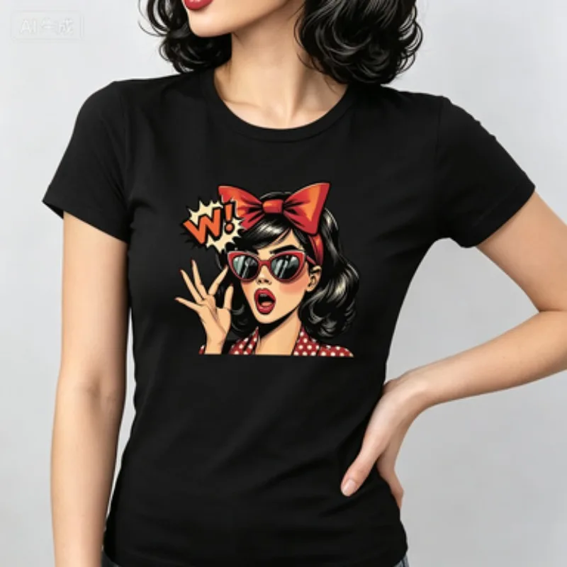 Women Cotton Slim T-Shirt Retro Pop Art Pin Up Girl W! Comic Bubble Graphic Print Vintage Style Casual Summer Short Sleeve Tee