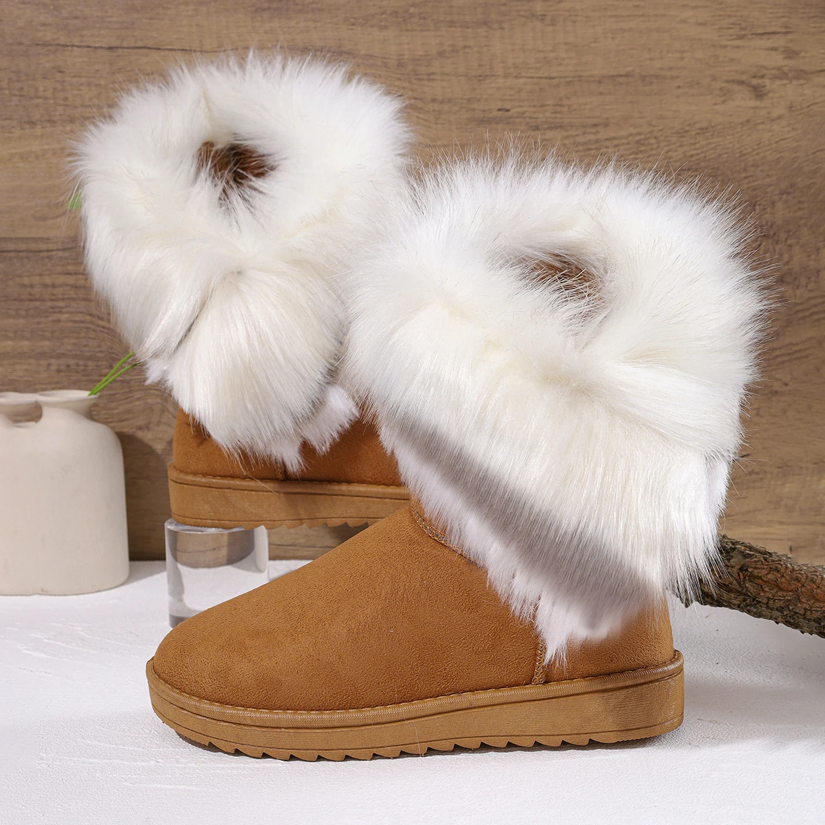 Damen-Winterstiefel bis zum Knie, mit Fell gefüttert, Baumwollschuhe, Freizeit-Flachschuhe, runde Zehen, Gummisohle, einfarbig – Detail 11