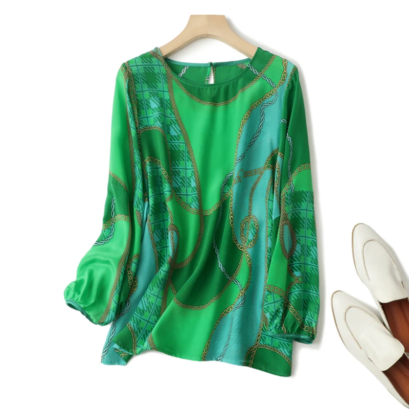 2023 Spring/Summer New Silk Shirt Round Neck Temperament Three-quarter Sleeve Shirt Silk Printed Women's Fashion Shirt