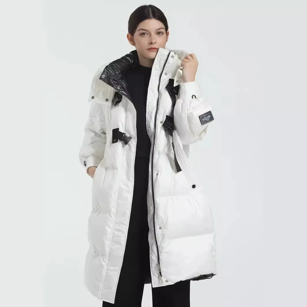 Live streaming product 2024 spring popular women's 90 white duck down long hooded casual warm down jacket