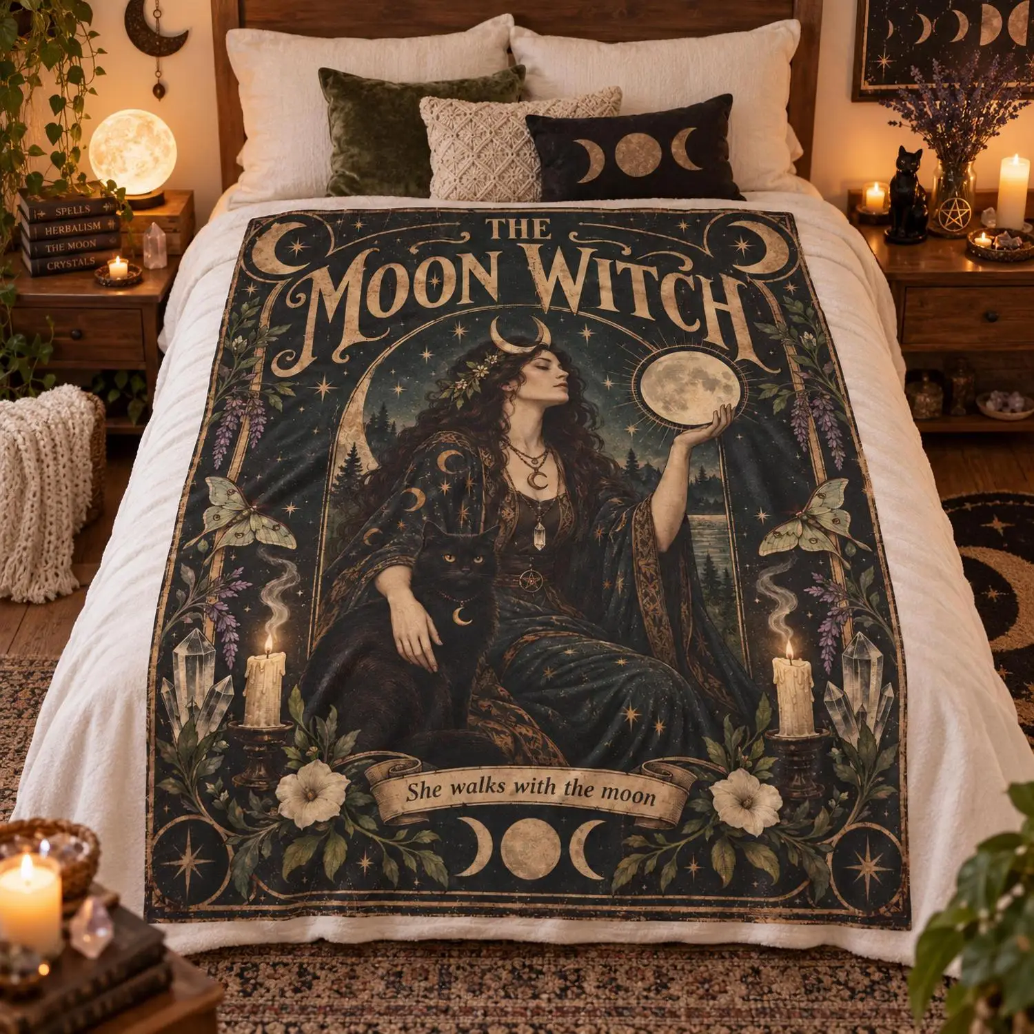 [Flannel Blanket] Moon Witch Blanket Witch Plush Blanket Moon Witch Pagan Home Decor Moon Phase Witch Gift Gothic Witchcraft Decoration