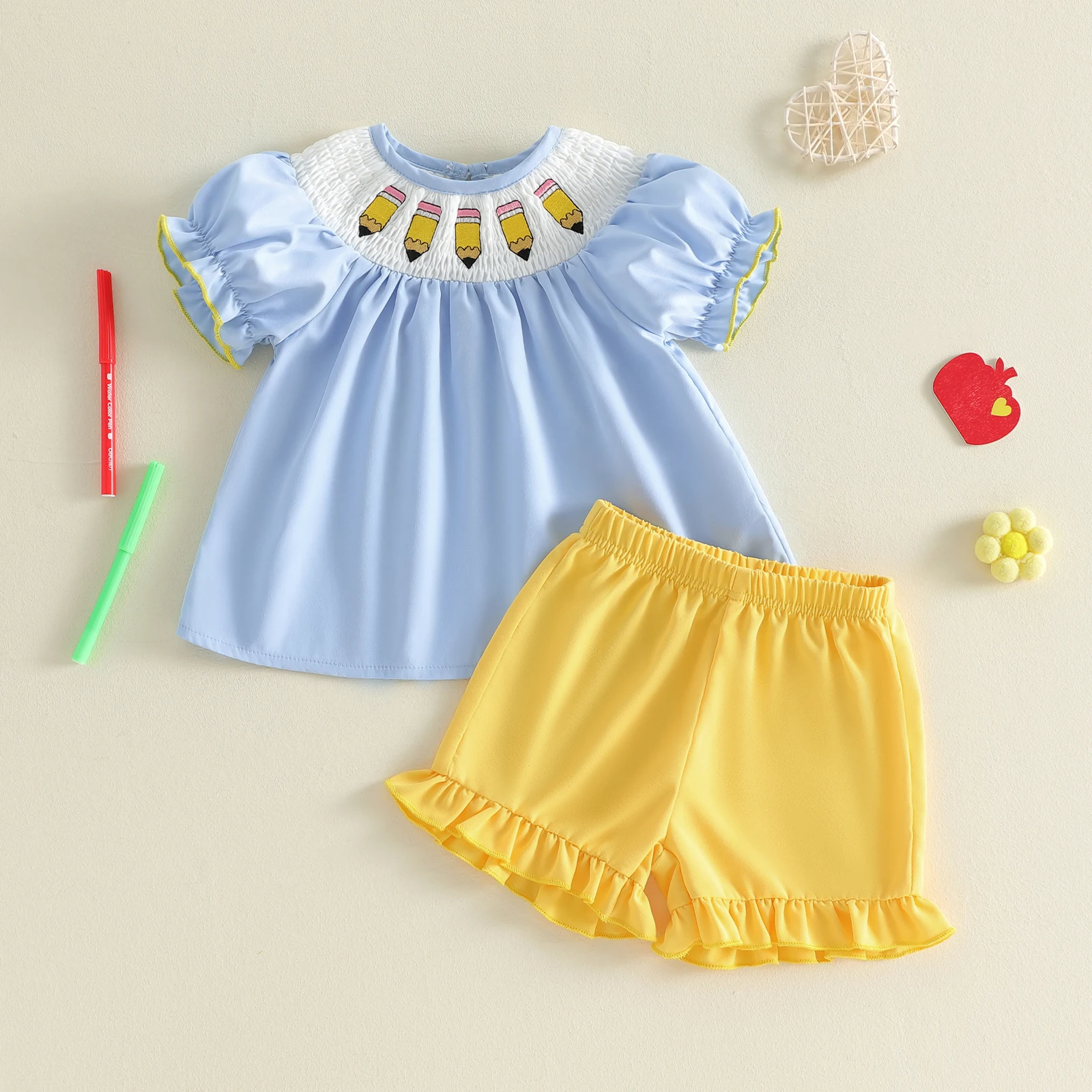 Toddler Girls Back to School Outfit Apple/Pencil Embroidery Short Sleeves T-Shirt and Elastic Ruffles Shorts Set