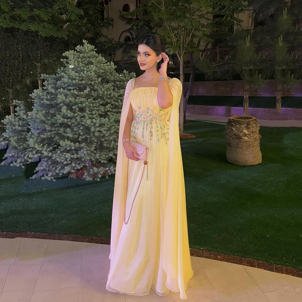 

Msikoods Yellow Evening Dresses 2025 Beading Sequins Prom Dress with Cape Party Gown Women Formal Occasion Dress Customized