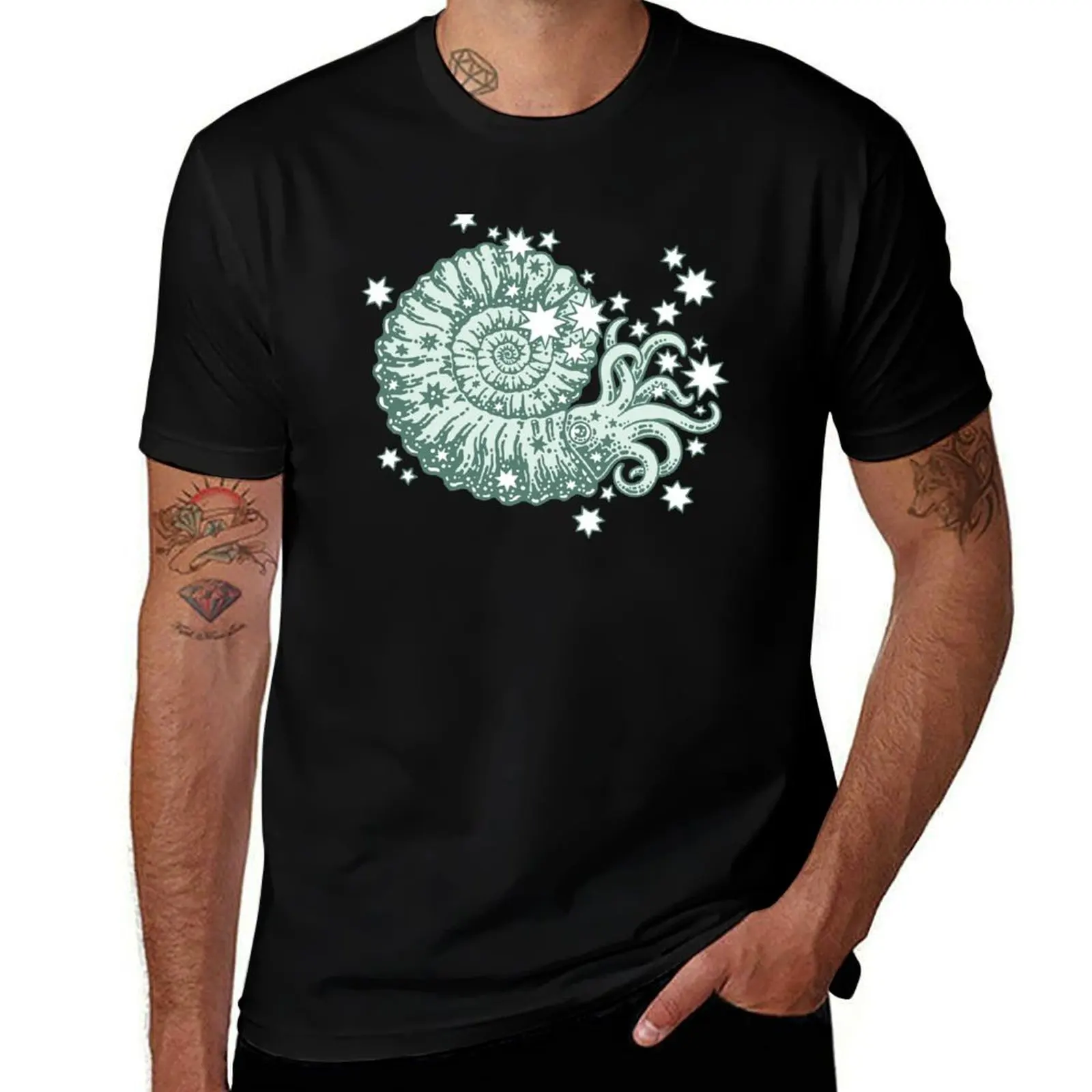 

The Starry Ammonite Aquamarine Palette Cosmic Prehistoric Life T-Shirt plain T-shirts man shirts graphic funny t shirts men