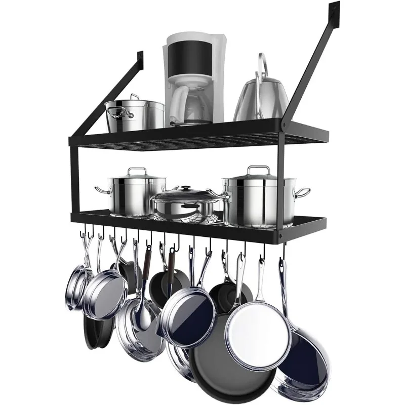 

Hoooh Square Grid Wall Mount Pot Rack with 2-Tier 15 Hooks, Kitchen Cookware Hanging Organizer Storage Shelf