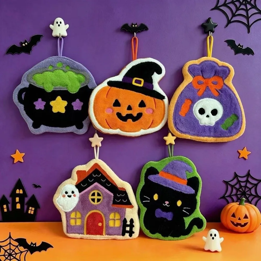Embroidered Design Halloween Hand Towels Soft Fabric Funny Pattern Kitchen Hand Towels Hanging Loop Washable Material
