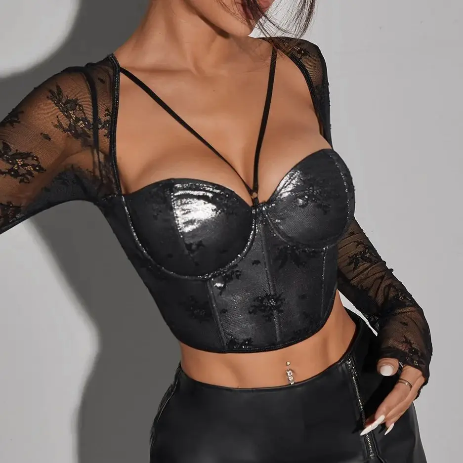 

Women Tops Sexy Lace See through Lace Mesh Long Sleeve Camisole Slim Fit Party Nightclub Corset Crop Top Shaping Blouse T-shirts