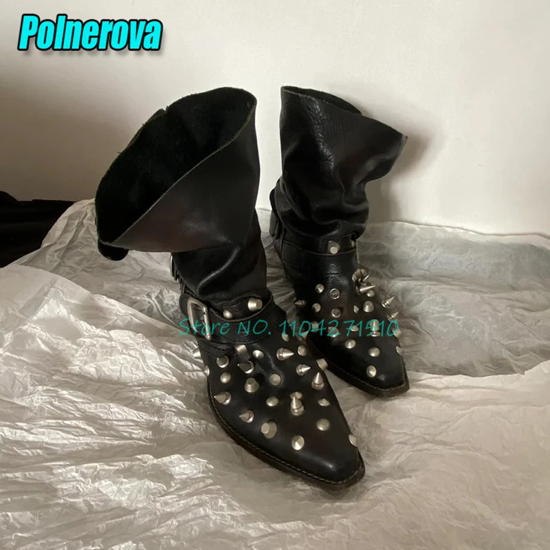 Punk Rivet Metal Buckle Motorcycle Boots Niche Design Pointed Toe Mid-Calf Boots Spring Autumn Fashion Versatile Women's Shoes