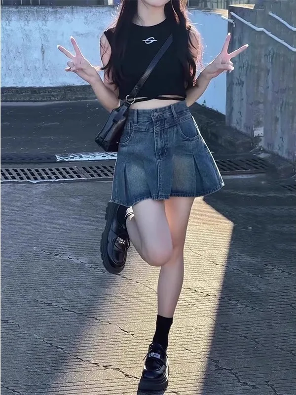 

High Waist A-Line Skirt plus Size Denim Pleated Versatile Summer New Style Retro Slimming Design Korean Style Short Skirt