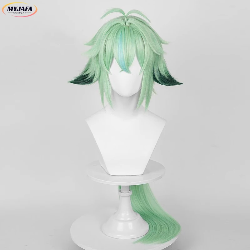 Sucrose Wig Cosplay Game, Wig kulit kepala hijau panjang, Wig pesta Halloween + topi Wig tahan panas sintetik