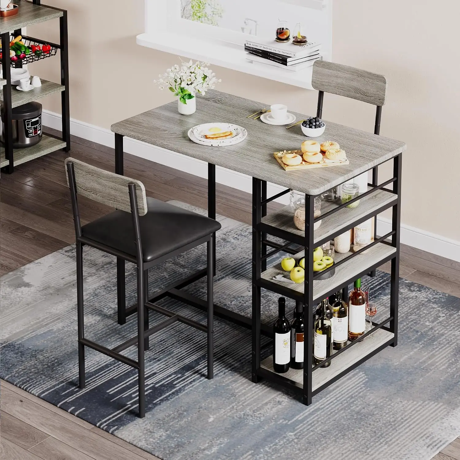 Garvee Folding Dining Table Set Kitchen Table w/Storage Shelves, 3Pcs Bar Table & 2 Stools Luxury Dining Table Modern Household Dining Room Furniture Stable