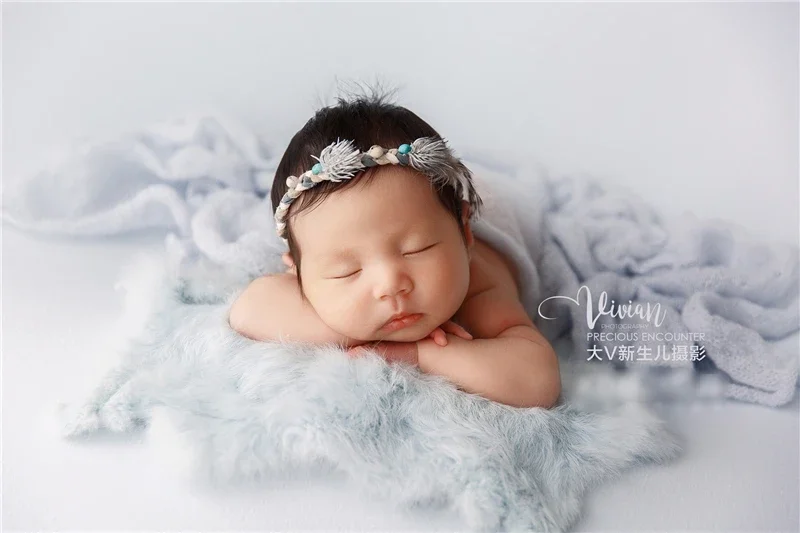 Newborn Baby Photography Props Knitting Blue Plush Ball Wrap Hat Cotton Background Blanket Theme Set Studio Shooting Photo Props