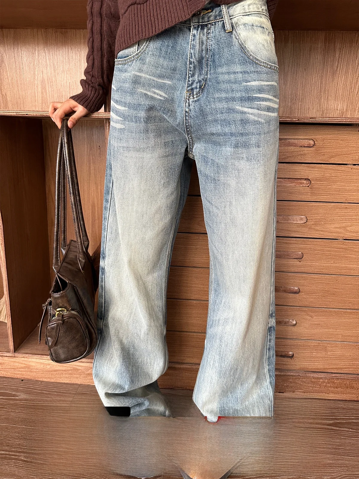 

Женские джинсы с низкой посадкой, светло-голубые, прямого кроя, осенне-зимние, новые, широкие, в пол, в американском ретро-стиле