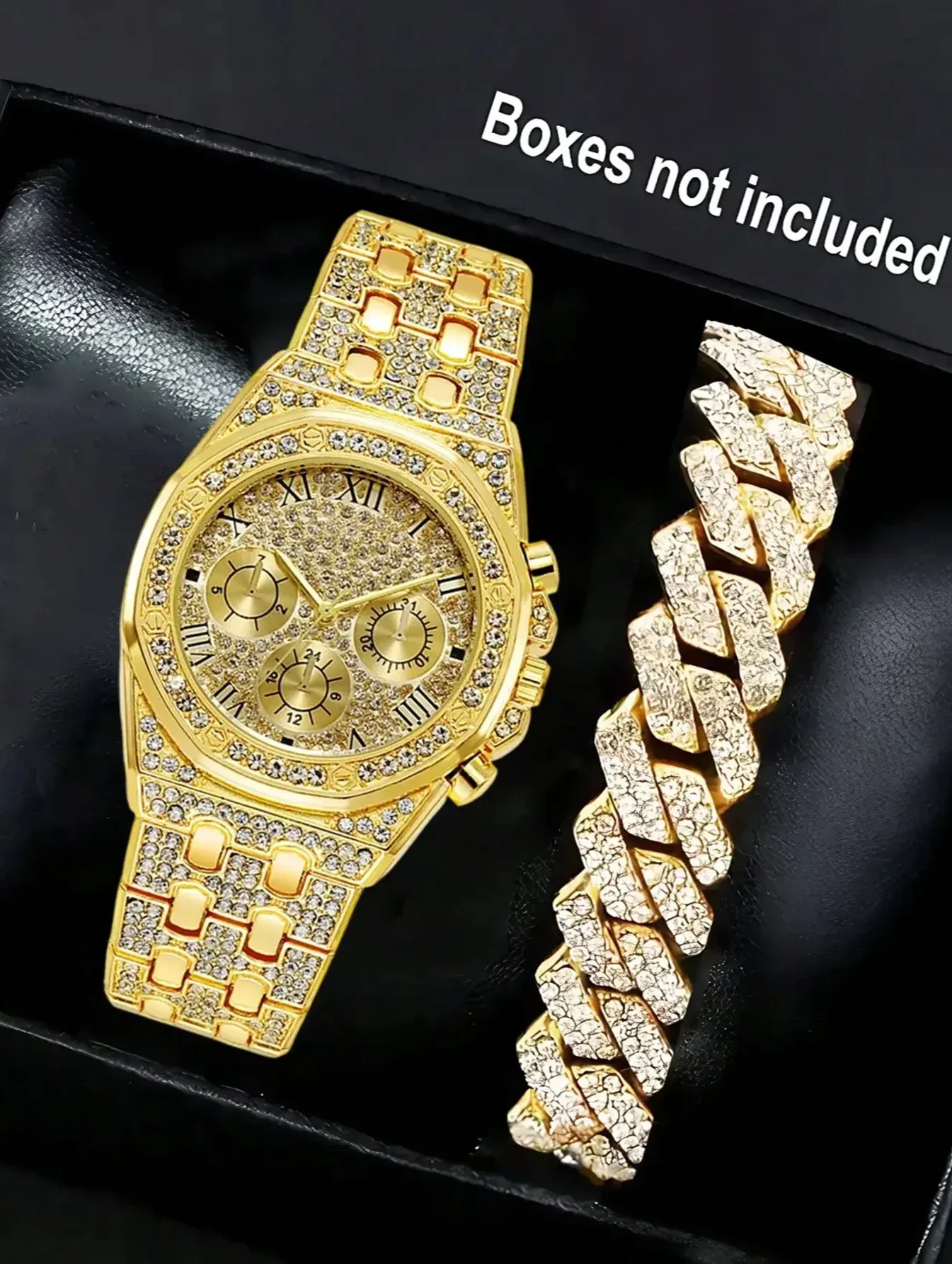Fashion watch gift set, diamond studded hip-hop watch bracelet necklace set, quartz watch set