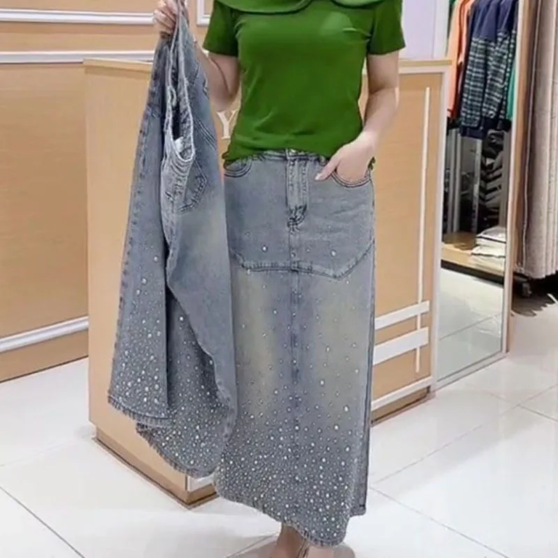 Saia jeans reta de cintura alta feminina, meia saia feminina casual, garfo aberto com temperamento, moda primavera, novo, furadeira quente