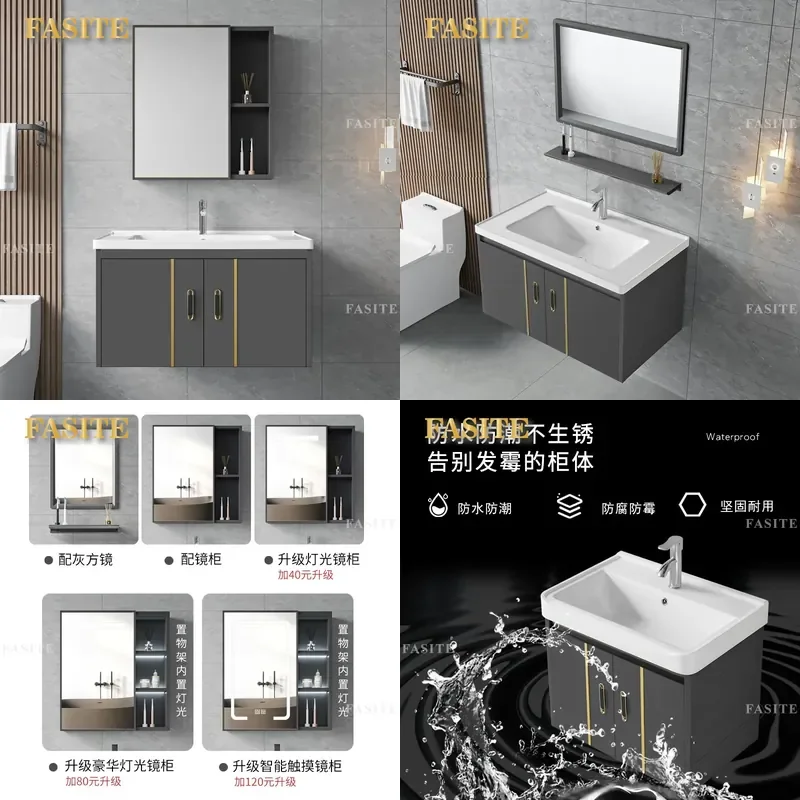 For Space Aluminum Waterproof Bathroom Cabinet Ceramic Integrated Wash Basin Rock Slab Vanity Combo Modern Toilet Storage
