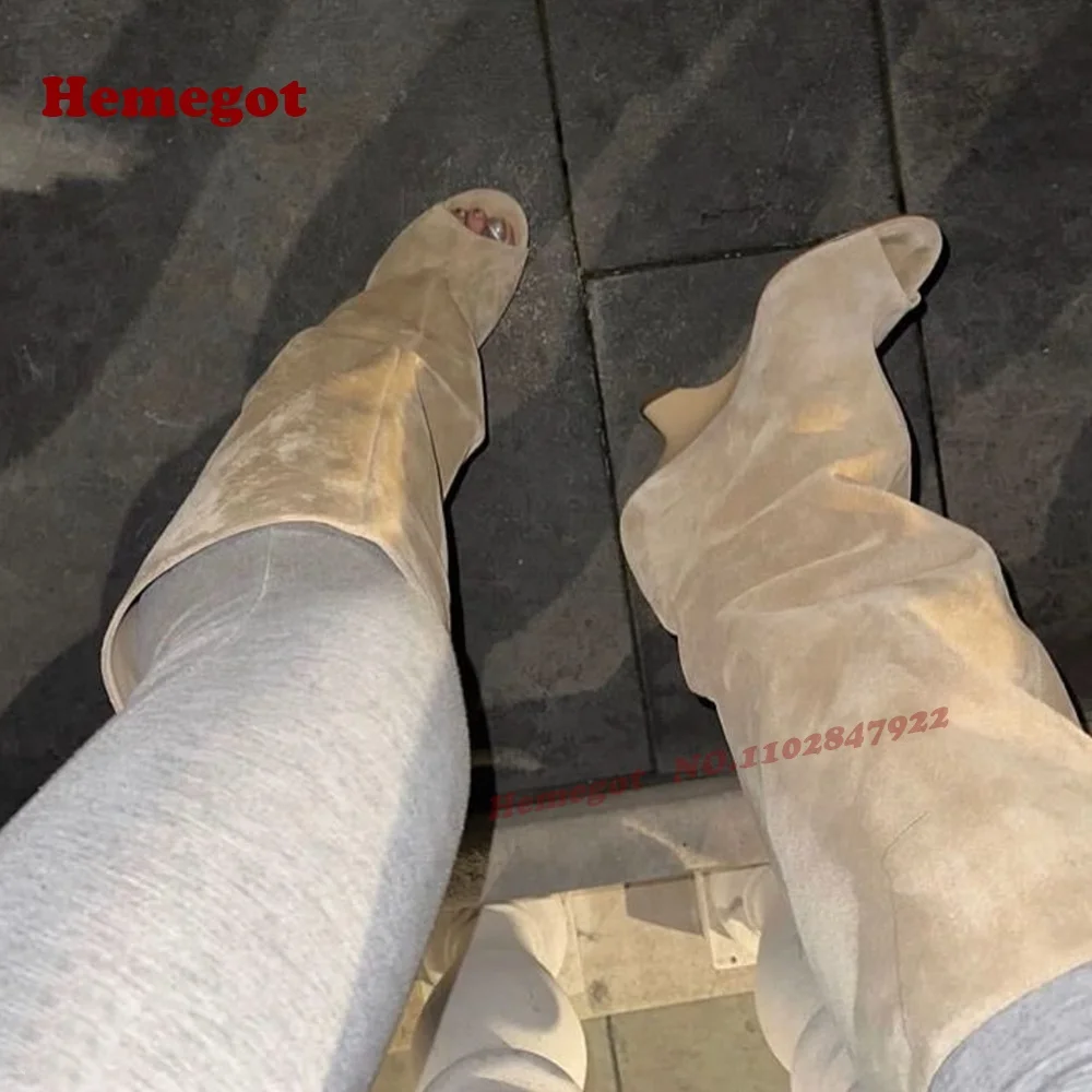 

Strange Style Suede Knee High Boots Peep Toe Slip On Pleated Sandals Gladiator Roman Shoes Solid Large Size Winter Runway Shoes