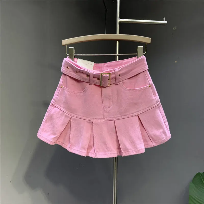 Sweet Fresh Pink Denim Skirt for Women Summer Fashion New Pleated A-line Skirts Casual All-match High Waist Faldas Sexy Mujer