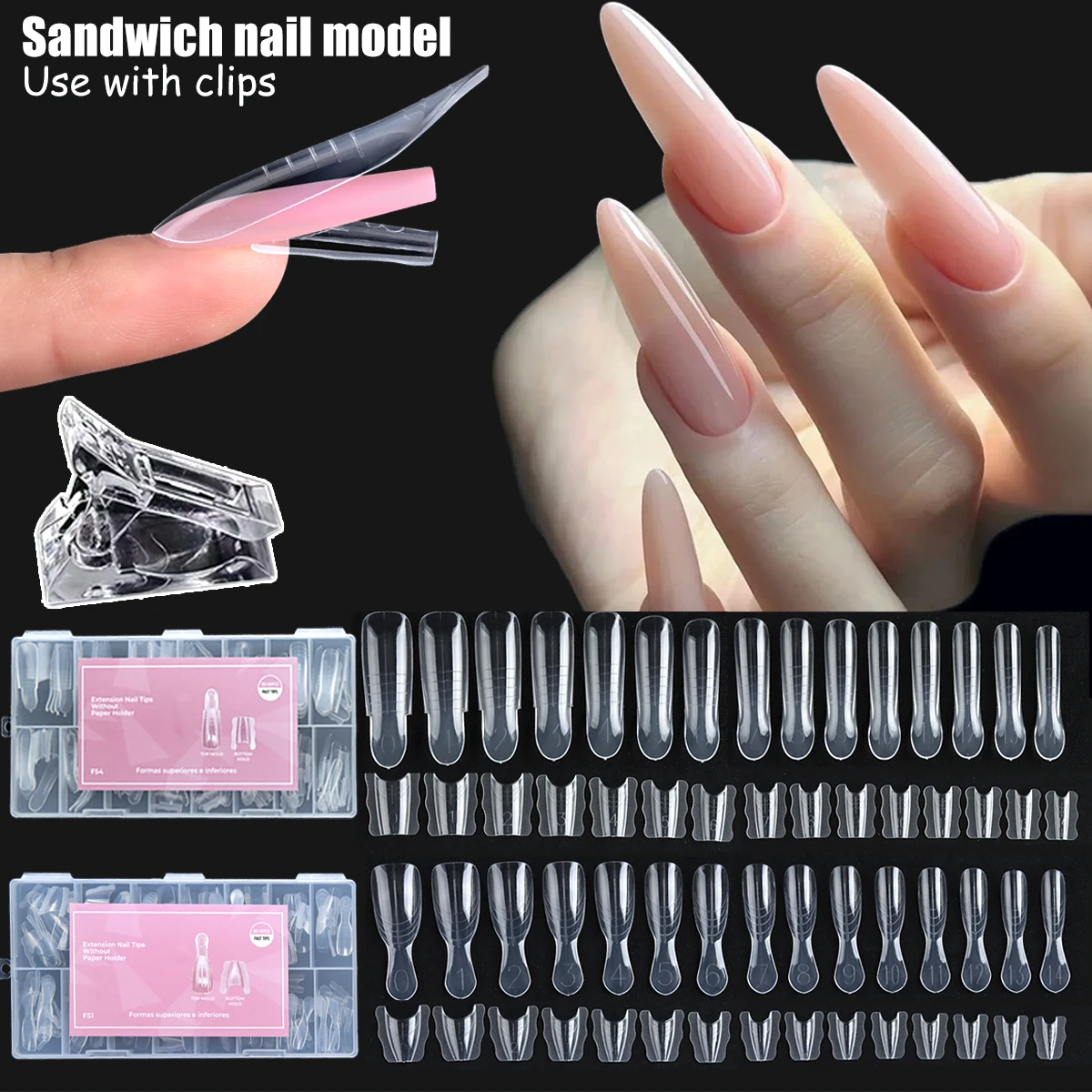 Sandwich Nail Extension Mold Kit, Almond-Shaped and Rectangular Professional Gel Nail Extension Molds (No Construction Required)