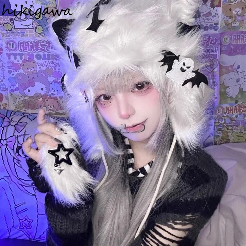 Japanese Gothic Lolita Cat Ear Hat Chain Rivet Designer Furry Winter Beanie Hat Female Harajuku Y2K Girls Cute Angel Ear Hat