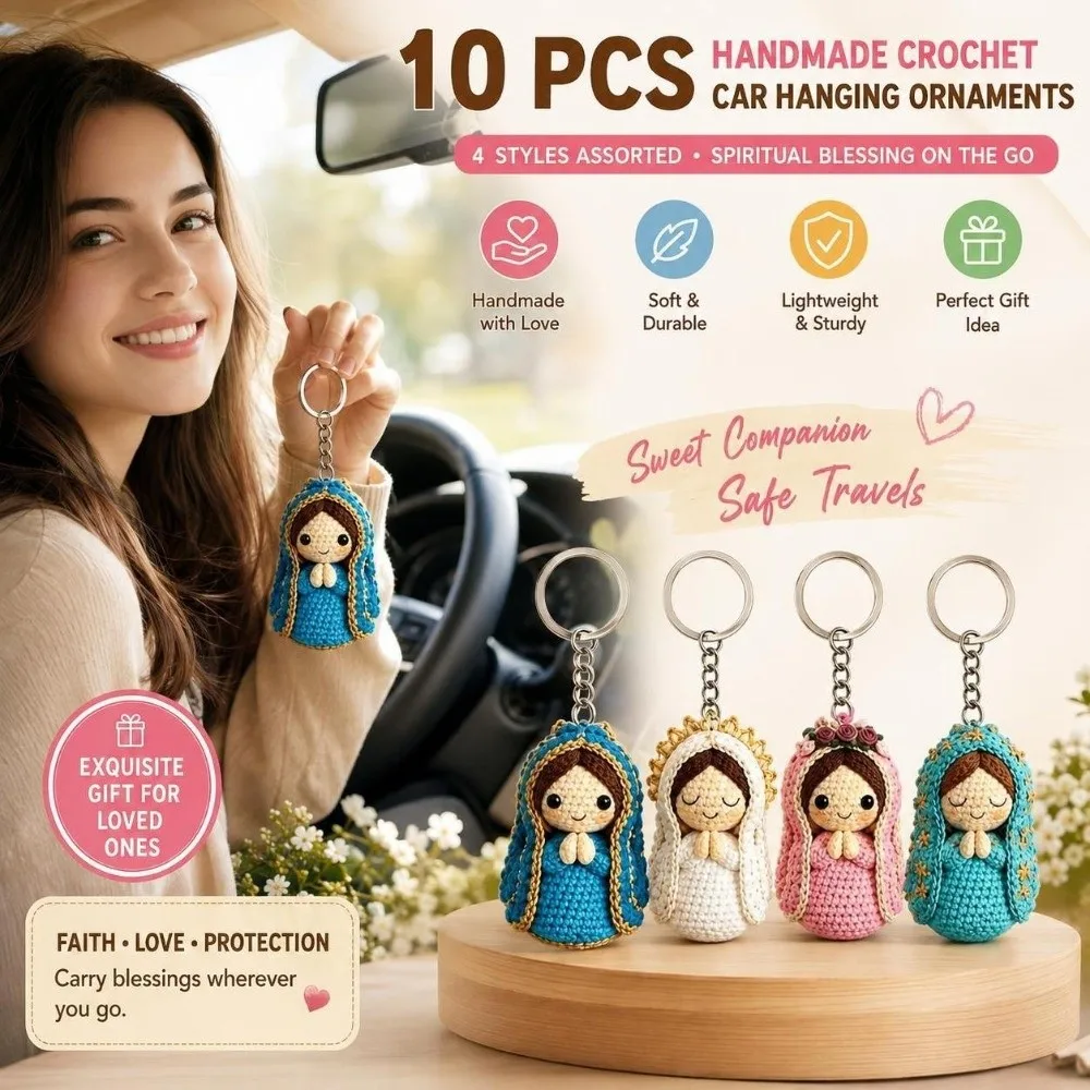 10pcs/set Crochet Style Virgin Mary Keychain Set Knitted Doll Figurine Pendant 2D Flat Acrylic Keychains Religious Kids Gift