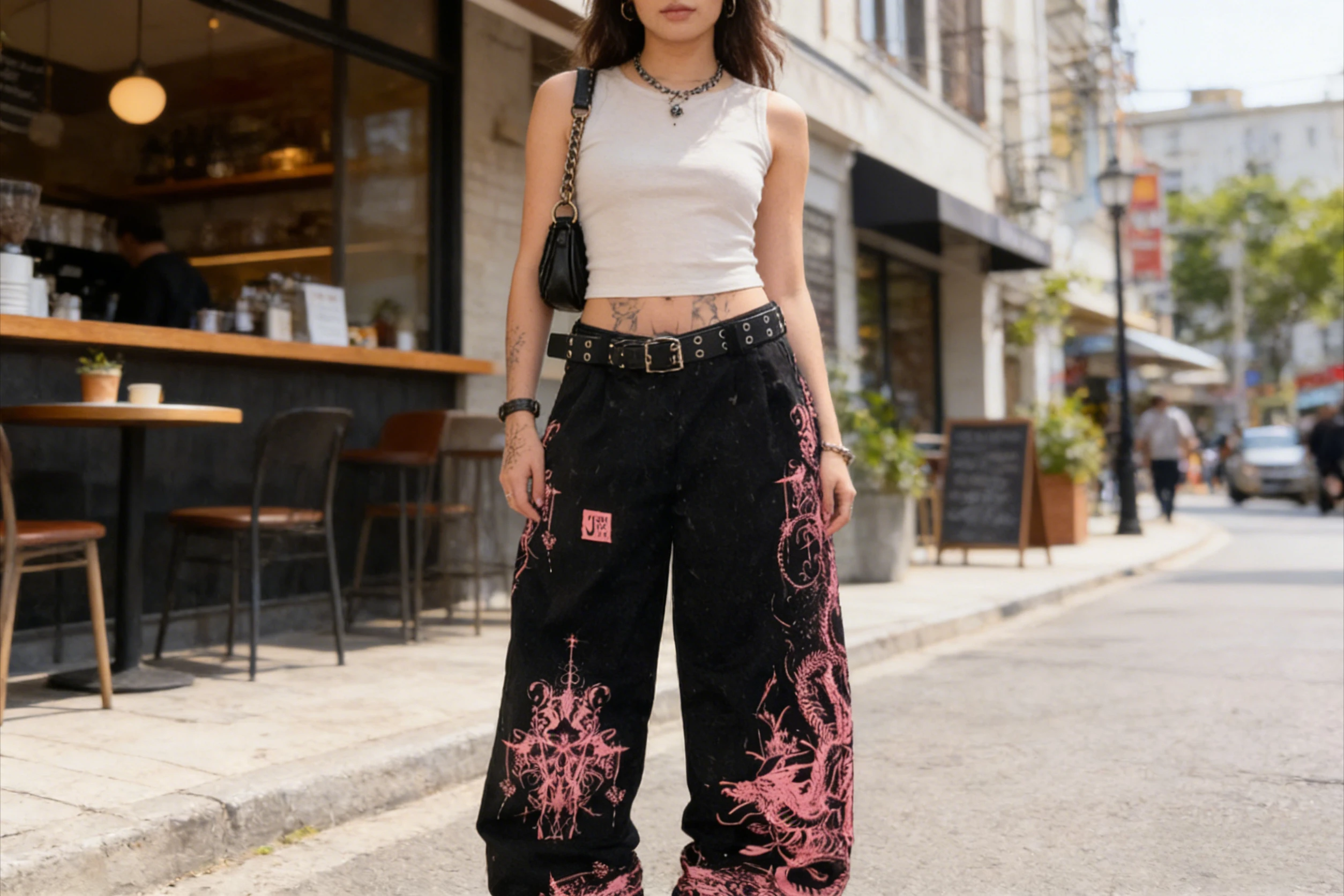 Y2K Pink Dragon Pattern American New Jeans Street Gothic Baggy Black Hip Hop High Waist Wide White Line Straight Leg Pants