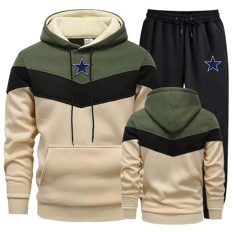 Autumn Winter Mens Tracksuit Print Tricolor Hooded Sweatshirts+Black Jogging Pants 2 Piece Set High Quality Warm Casual Clothing