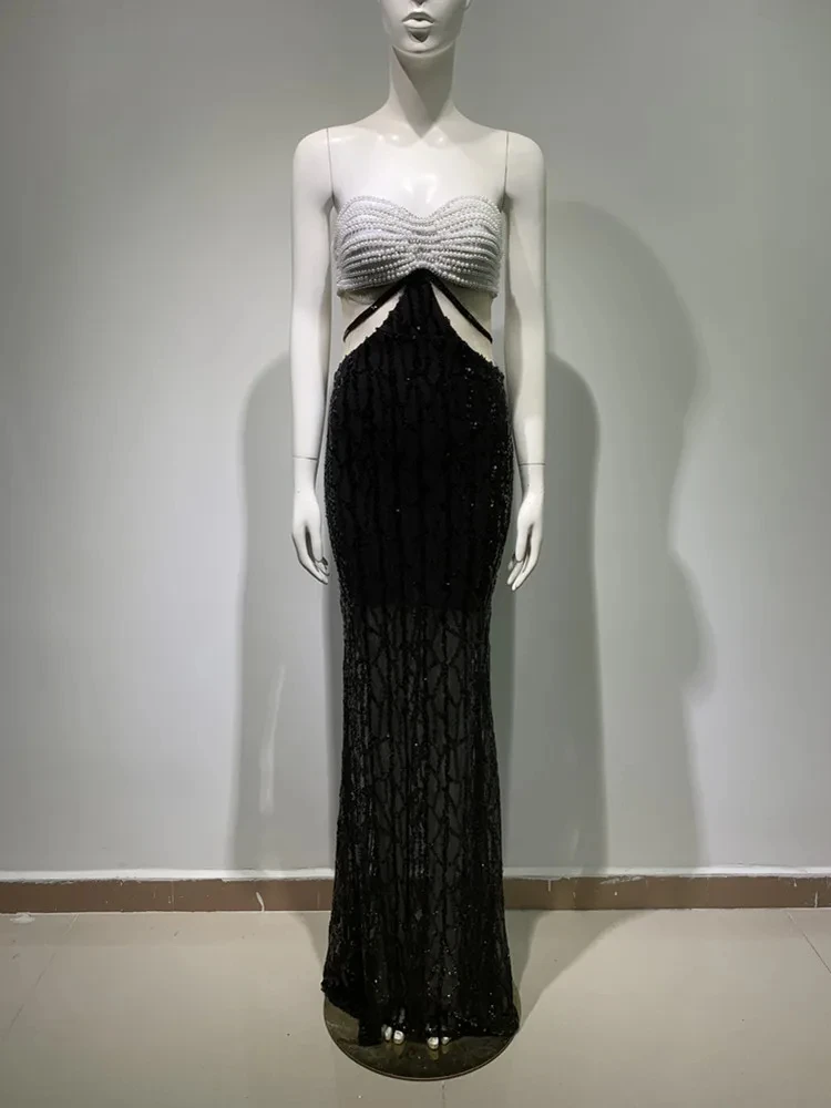 Robe longue sans bretelles avec perles pour femme, découpée, patchwork, robe maxi, robe de soirée, robe de cocktail, été, sexy, élégante, 2024