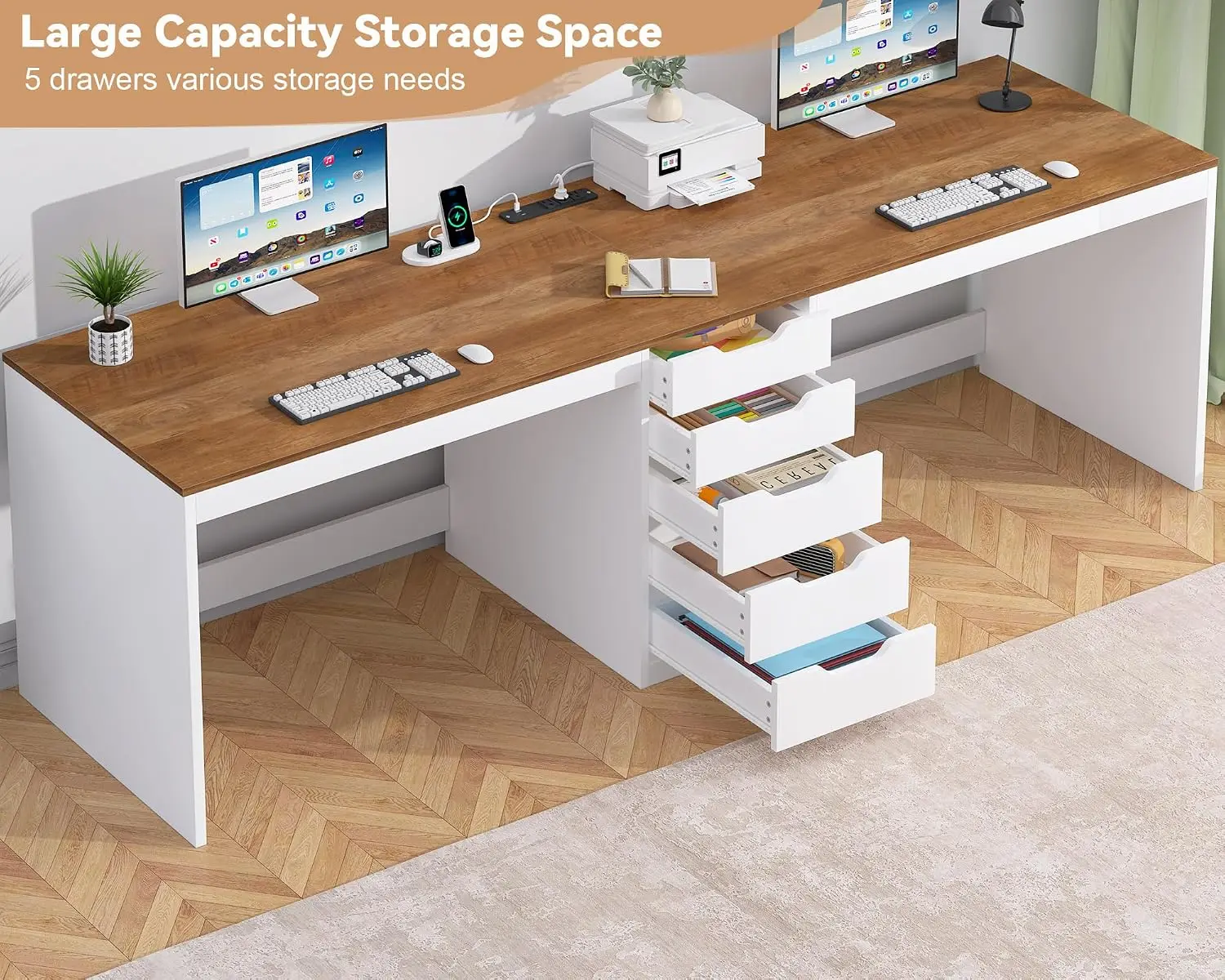 79 Inch 2 Person Desk with 5 Drawers & Power Outlets for Home Office Living Room, Customized