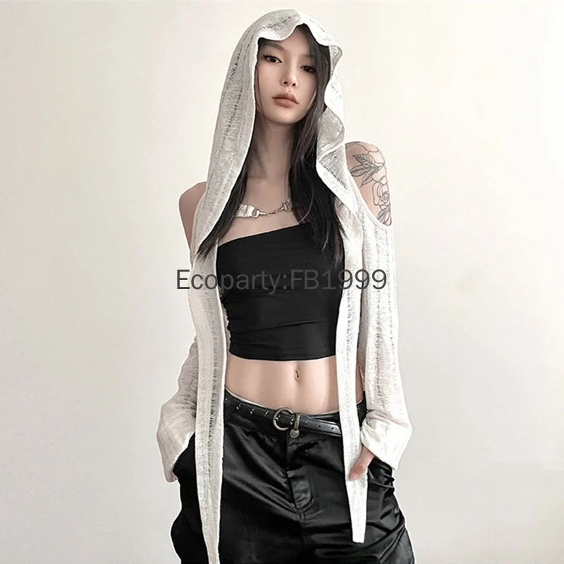 New Women Fashion Short Long Sleeve Hooded Cardigan Spring Summer White Black Hollow-Out Metal Buckle Cover-Ups Lady Y2K Outfits