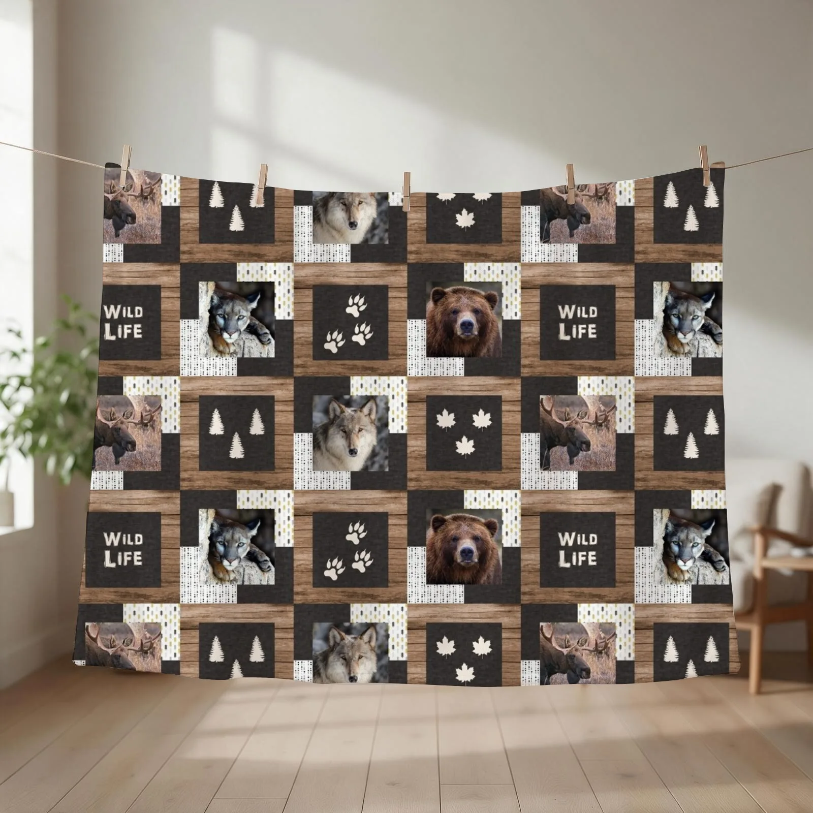 North American Wildlife Patchwork Throw Blanket couch cozy soft plush fuzzy picnic outdoor blanket