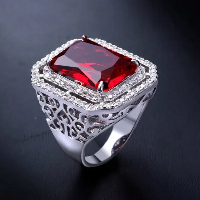 Anillo rectangular rojo estilo bohemio vintage con piedra plateada