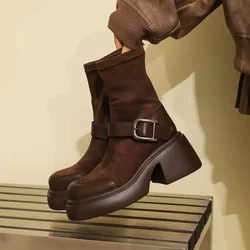 2024 Brown Long Boots Women Platform Elastic Socks Boots  British Wind Show Thin Metal Buckle Ankle Boots