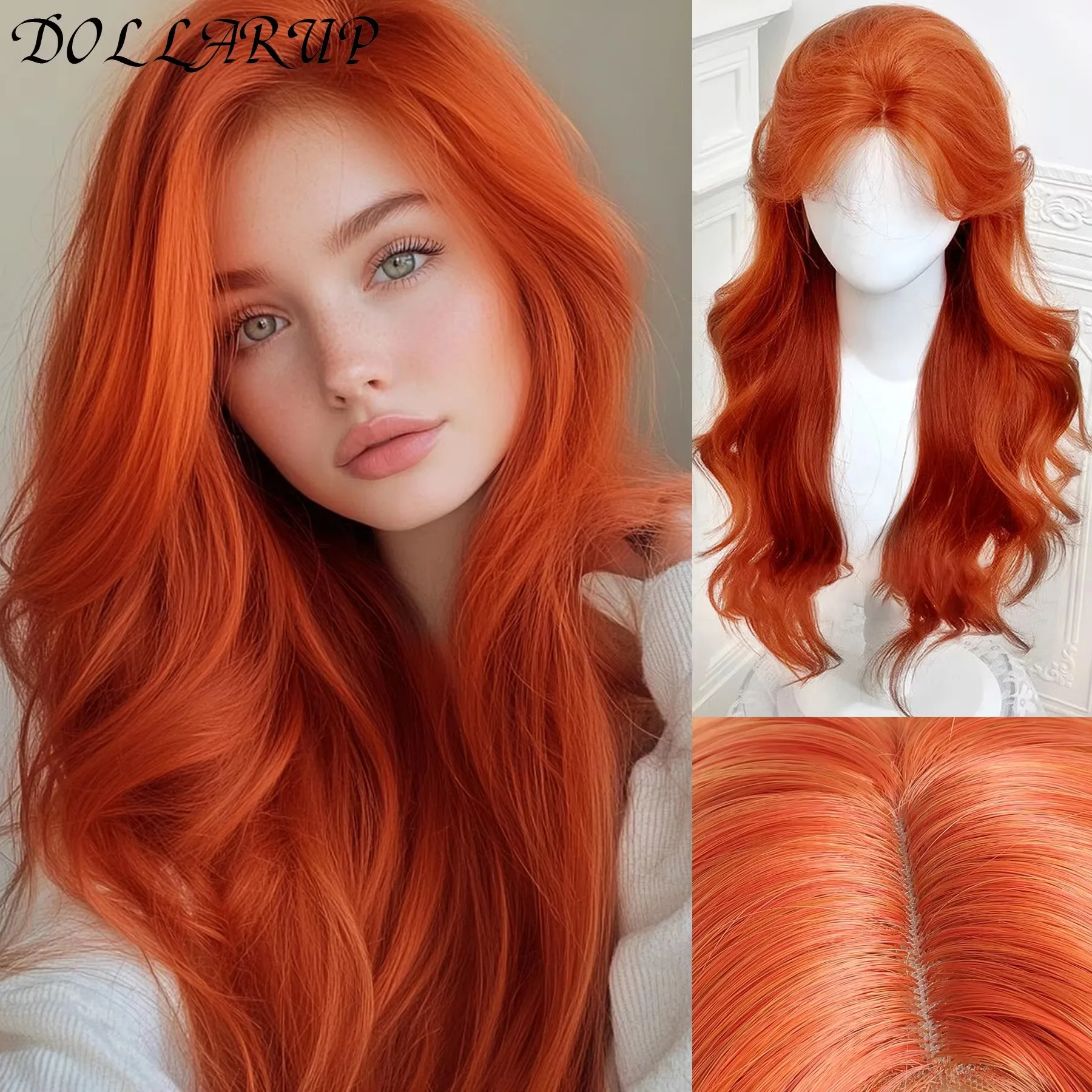 JKL Red Copper Ginger Long Straight Synthetic Lace Front Wigs for Women Natural Wave Wigs with Bangs Cosplay Heat Resistant
