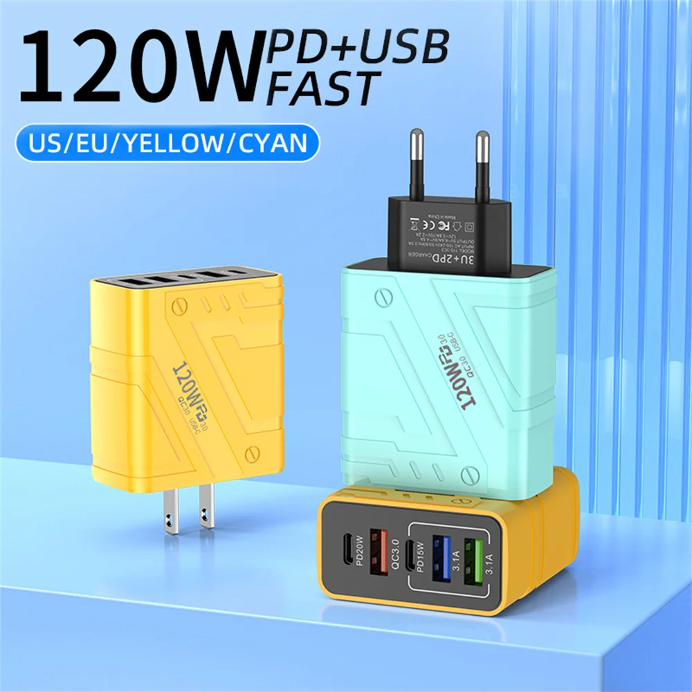 USB C Charger 120W Muti 5 Ports Type C PD Quick Charge QC3.0 Fast Charging Mobile Phone Wall Adapter For iPhone 17 Xiaomi Huawei