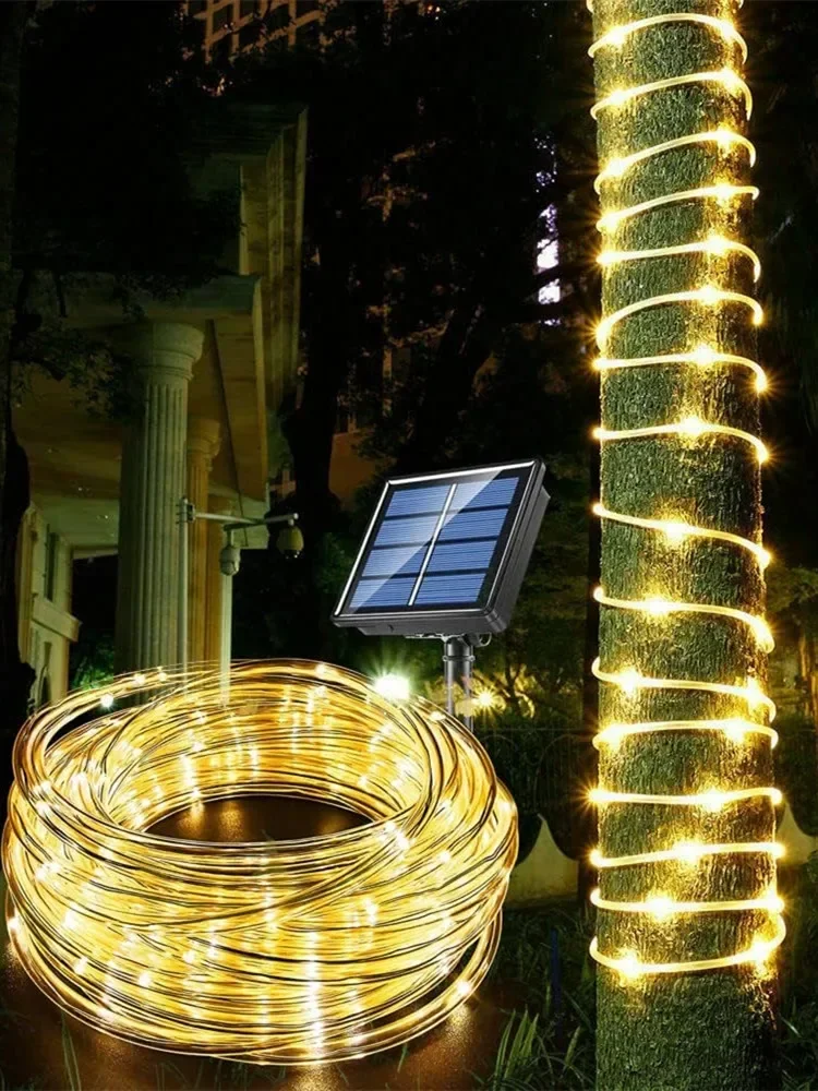 Guirlande solaire d'extérieur étanche, bande LED, Tube, guirlande féerique de noël, pour jardin, arbre, cour, clôture