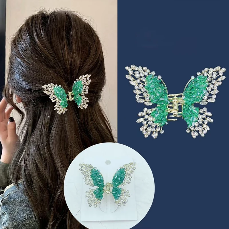 Feengrüne Kristall-Strass-Schmetterlings-Haarklammer, exquisite Damen-Haarklammer für die Rückseite des Kopfes, verlaufte Haarklammern, Retro-Haar-Accessoires