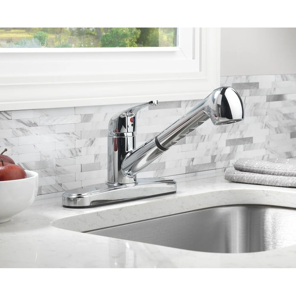 Single Handle Kitchen Sink Faucet Pull-Out Sprayer Chrome Finish Two Function Stream Spray 8 GPM Flow Rate Drip Free Ceramic