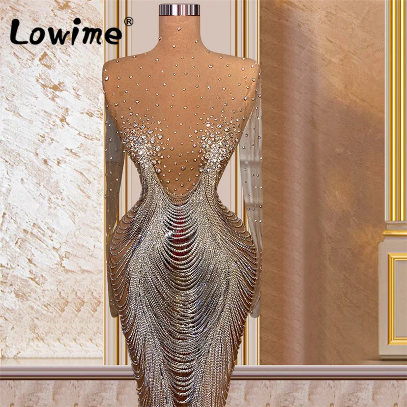 Crystals Tassel Evening Dresses Couture Celebrity Dresses Long Sleeve Mermaid Bespoke Occasion Dresses See Through Women Party