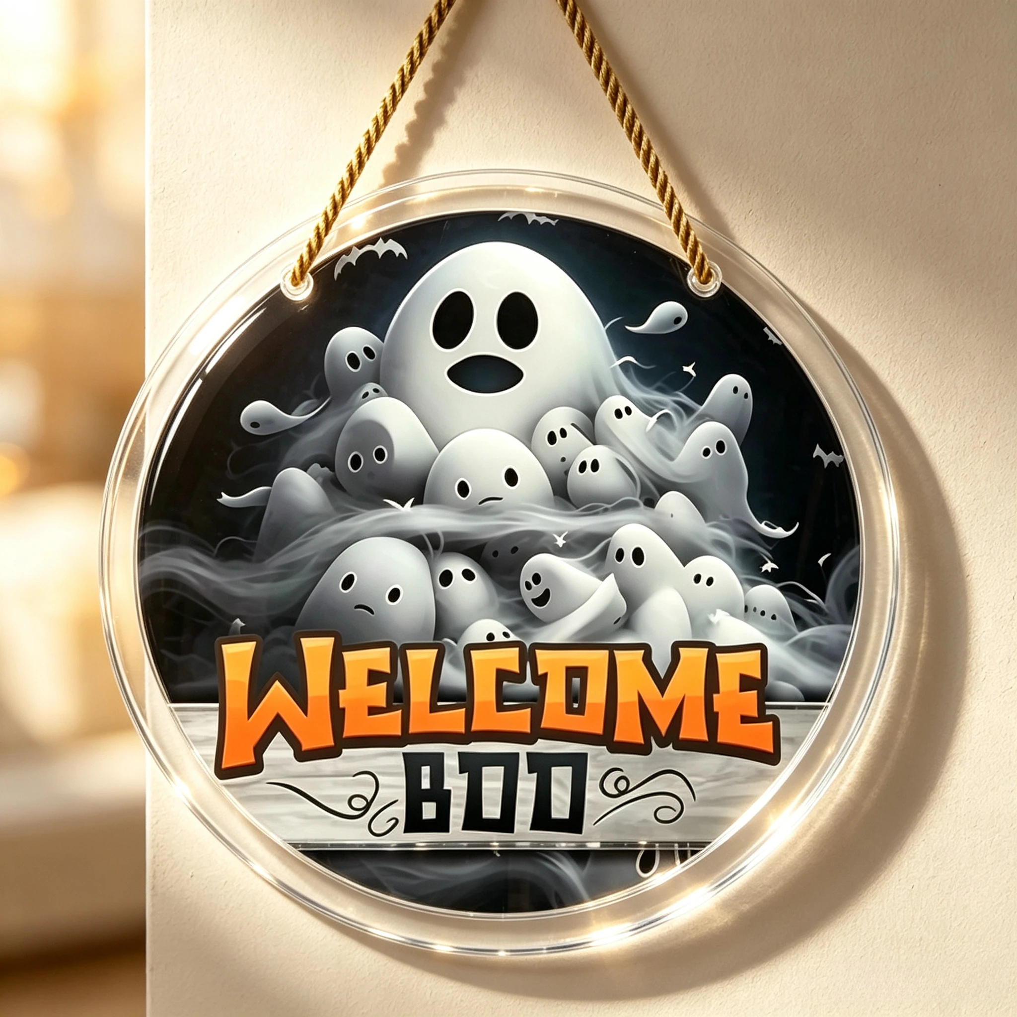 Welcome Boo Spooky Ghosts Round Wall‑Hanging Plaque, Indoor & Outdoor Home Decor