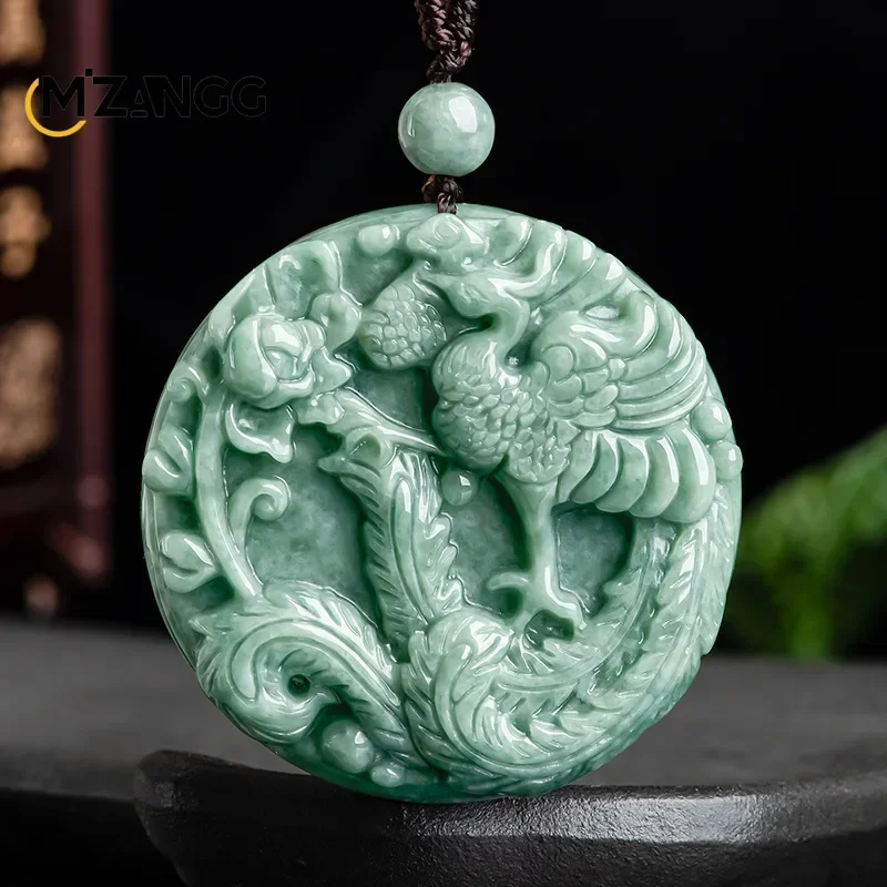Naturalny jadeit Birma Phoenix Peony Wisiorek Dwustronnie rzeźbiony Wykwintny luksusowy męski i damski naszyjnik z jadeitu Biżuteria