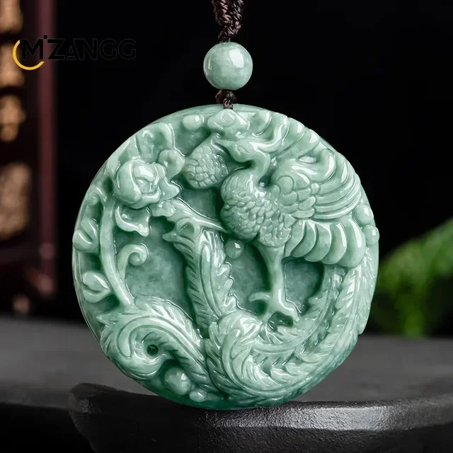 Naturalny jadeit Birma Phoenix Peony Wisiorek Dwustronnie rzeźbiony Wykwintny luksusowy męski i damski naszyjnik z jadeitu Biżuteria