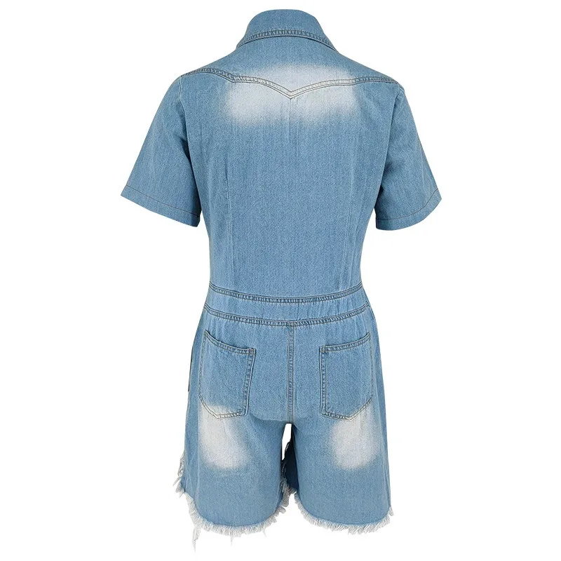Benuynffy Casual Half Button Washed Denim Jumpsuit Romper Dames Streetwear Vintage Korte Mouw Losse Omzoomde Zoom Jean Rompertjes