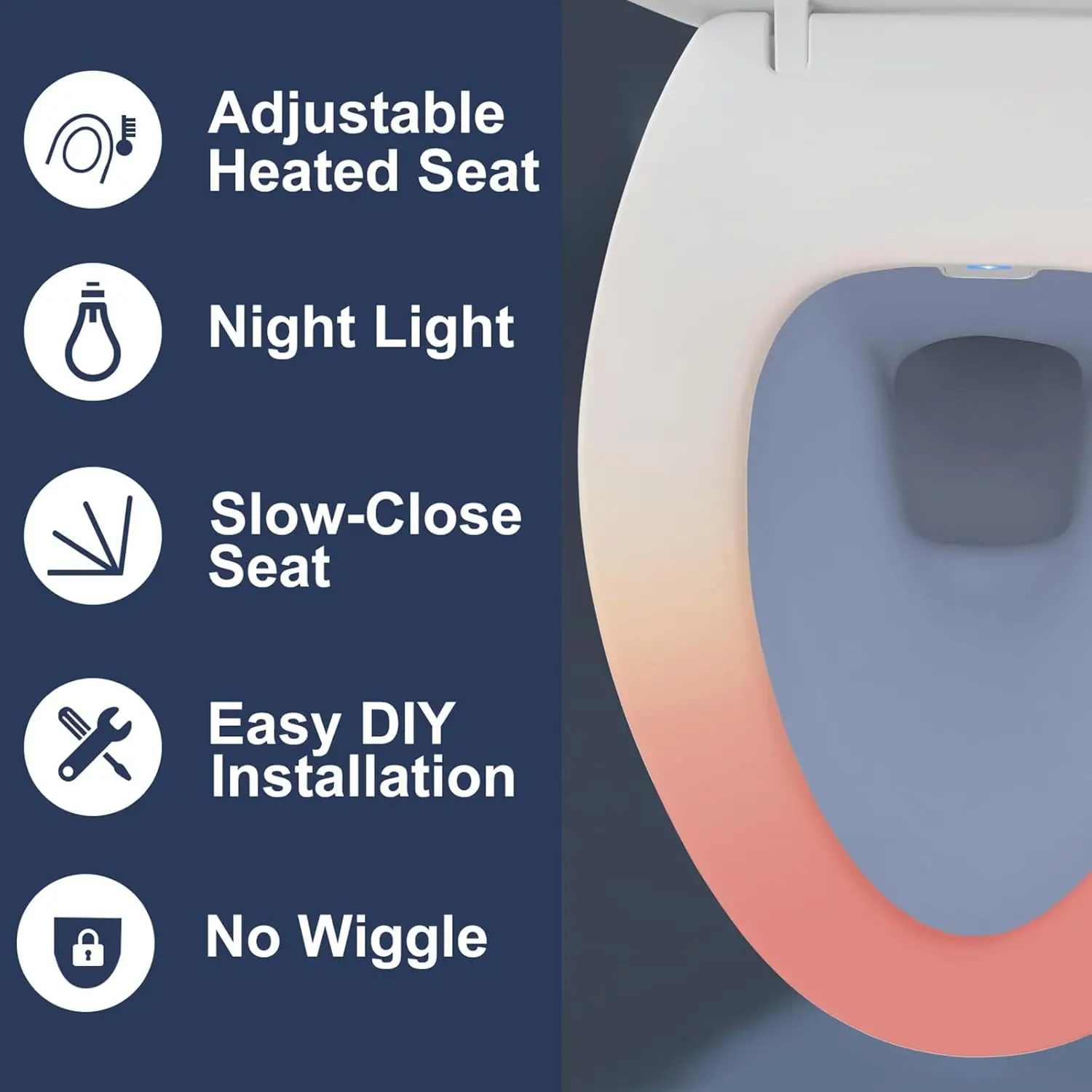 S005-B3 Heated Toilet Seat with Night Light, Elongated, Toilet Seat Warmer, Soft Slow Close, Three Temperature Settings