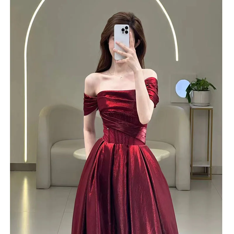 French 17 style one shoulder engagement dress for women wine red