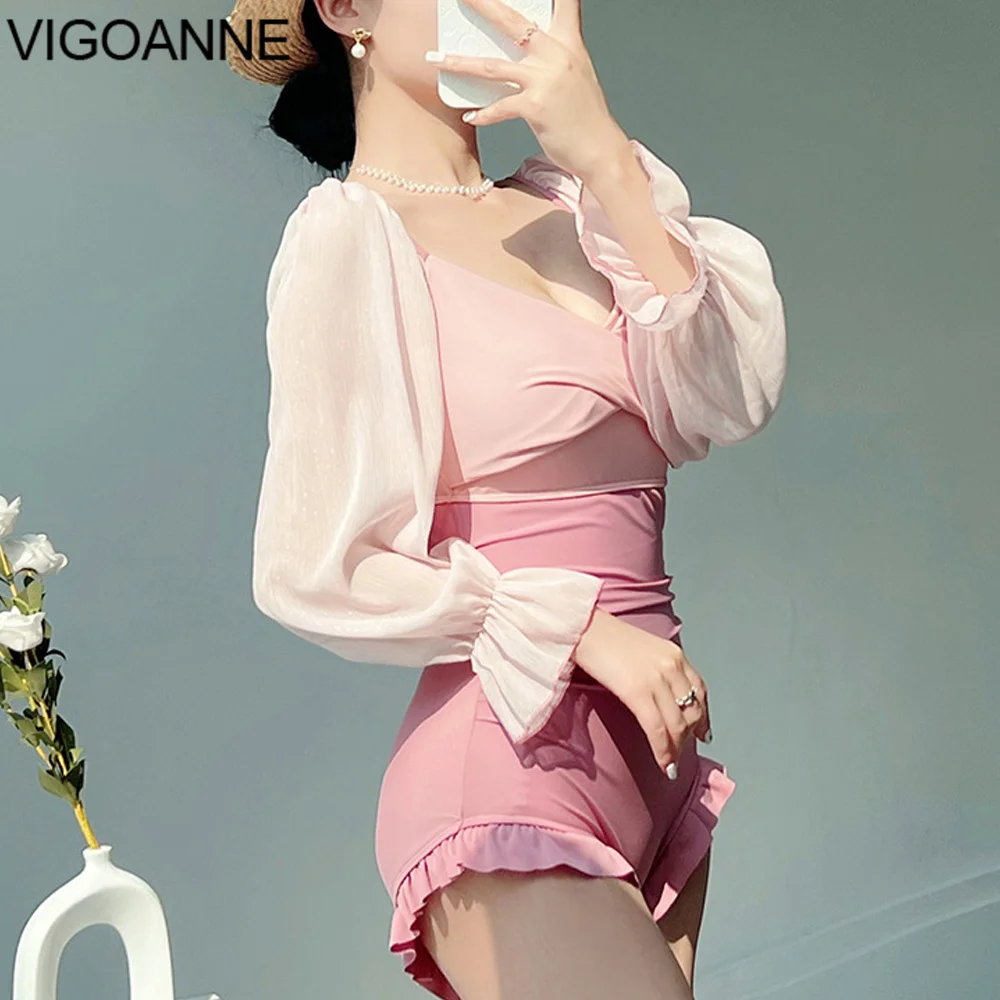 VigoAnne Pink Long Sleeve Swimwear Women 2024 Patchwork Push Up One Piece Swimsuit Korean Slimfit Monokini Backless Bathing Suit