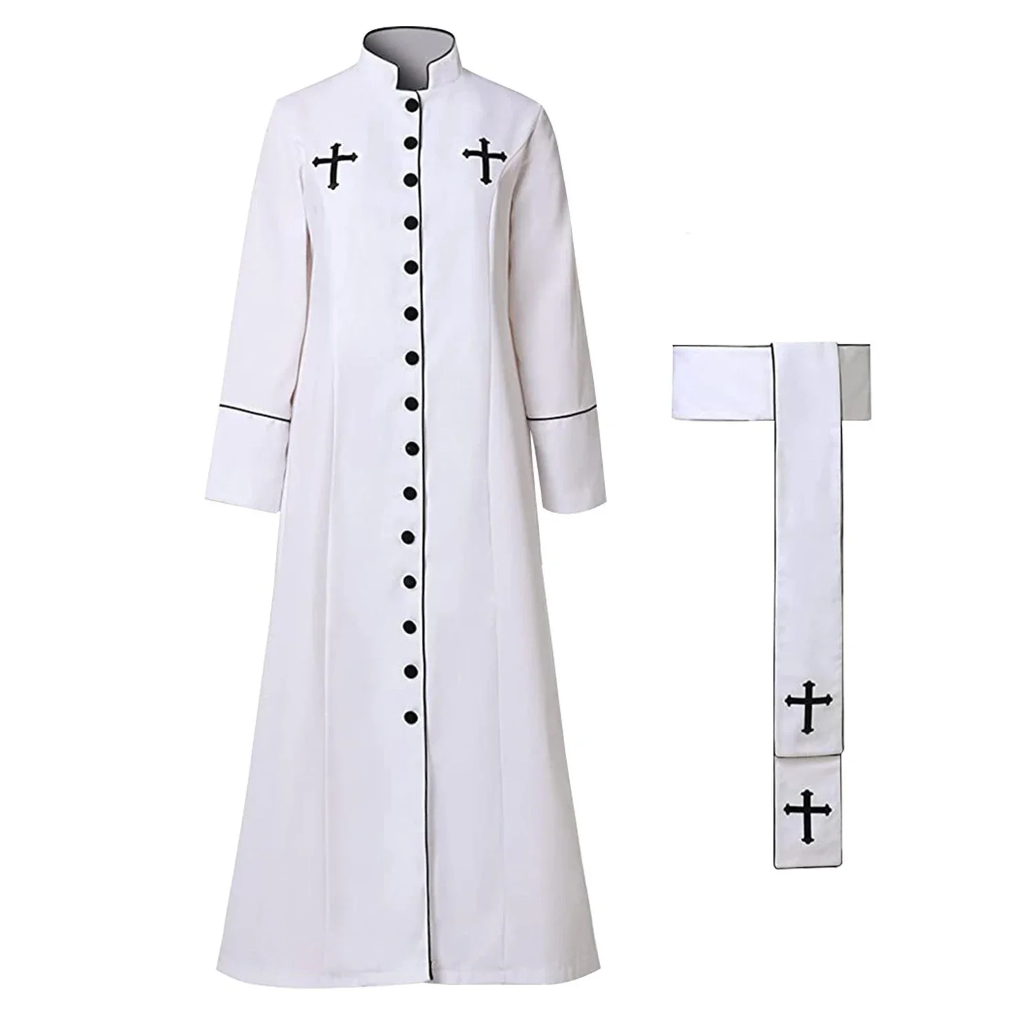 Men's Priest Costume Pastor Robe Roman Cassock with Stand Collar Belt and Cross Necklace Halloween Carnival Party Uniform Suit